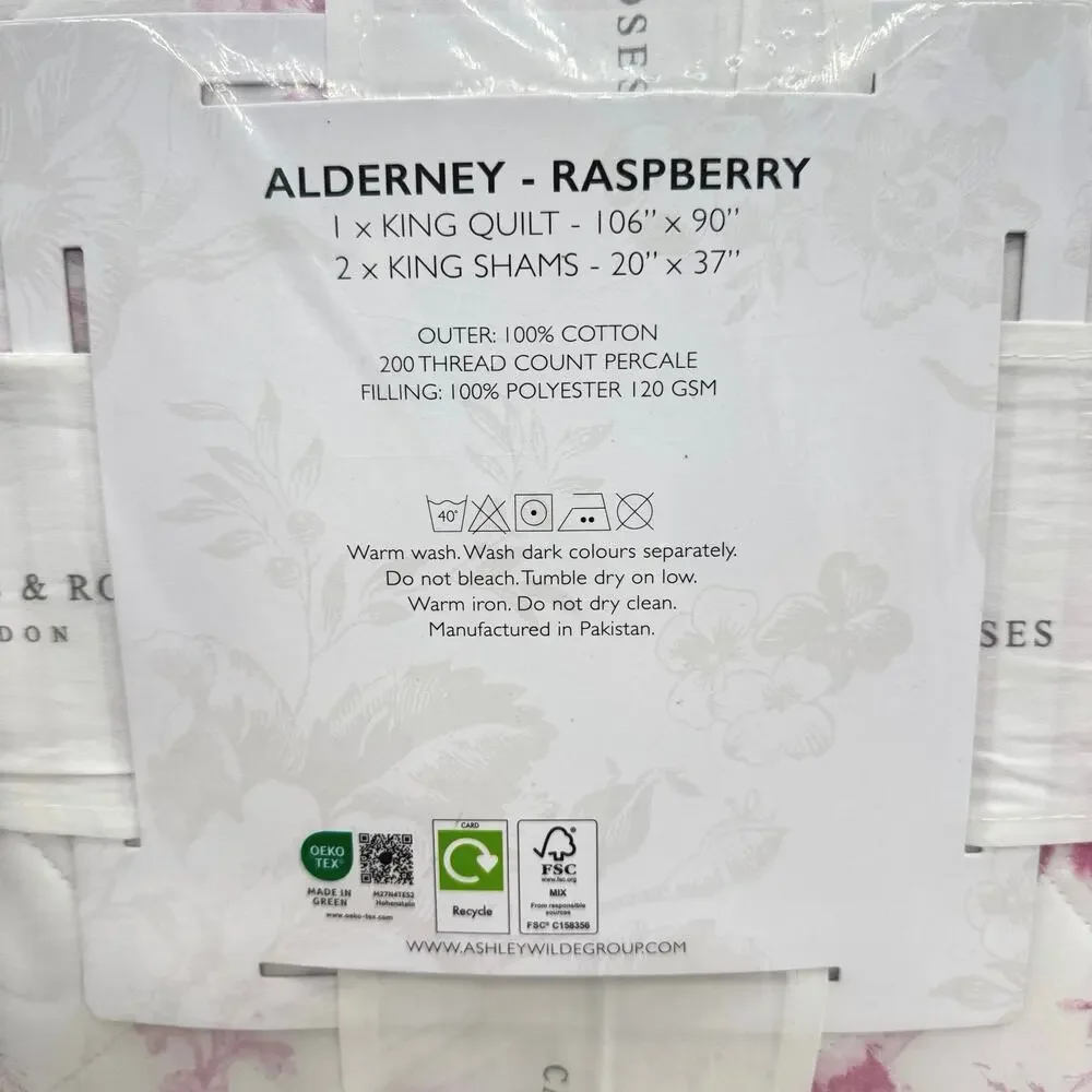 Cabbages & Roses Alderney Pink Floral Toile KING Quilt Bedding 3pc Set Raspberry